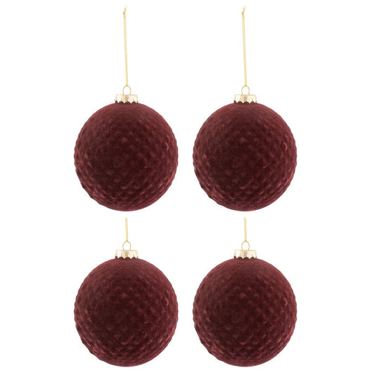 J-Line - Doos Van 4 Kerstballen - Velvet/Glas - Rood - Middelgroot