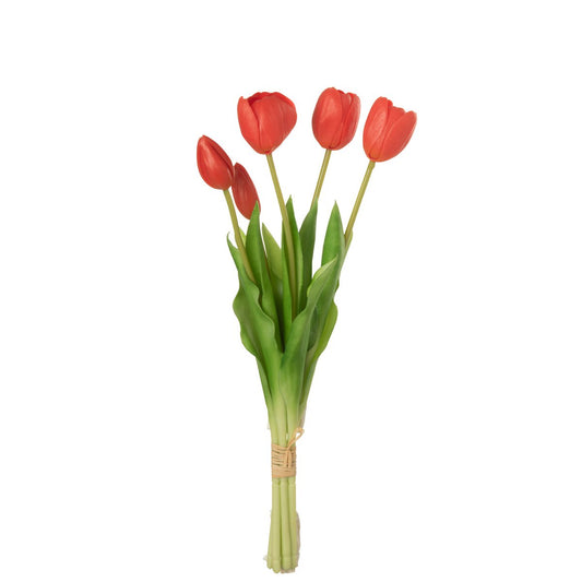 J-Line boeket met 5 medium tulpen in koraalroze, gemaakt van hoogwaardig PU, perfect als onderhoudsvrije decoratie voor het interieur.