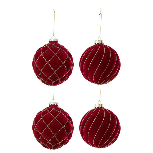 J-Line - Doos Van 4 Kerstballen - Fluweel - Rood/Goud - Middelgroot