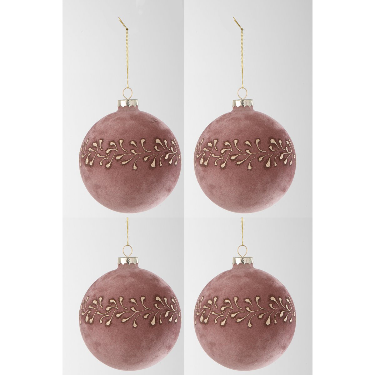 J-Line - Doos Van 4 Kerstballen - Fluweel - Licht Roze/Goud