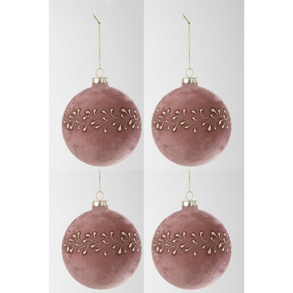 J-Line - Doos Van 4 Kerstballen - Fluweel - Licht Roze/Goud