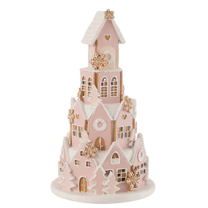 J-Line peperkoekhuis in roze/wit, 42 cm groot, kerstdecoratie in pastelkleuren, ideaal voor een feestelijke en nostalgische sfeer.