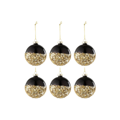 J-Line - Doos Van 6 Kerstballen - Glas - Zwart/Goud - Klein