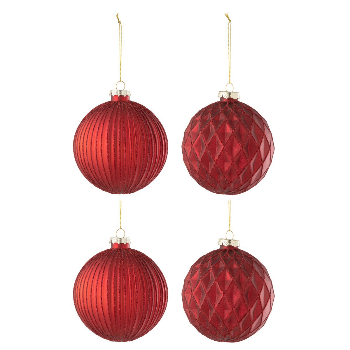 J-Line - Doos Van 4 Kerstballen - Glas - Rood - Middelgroot