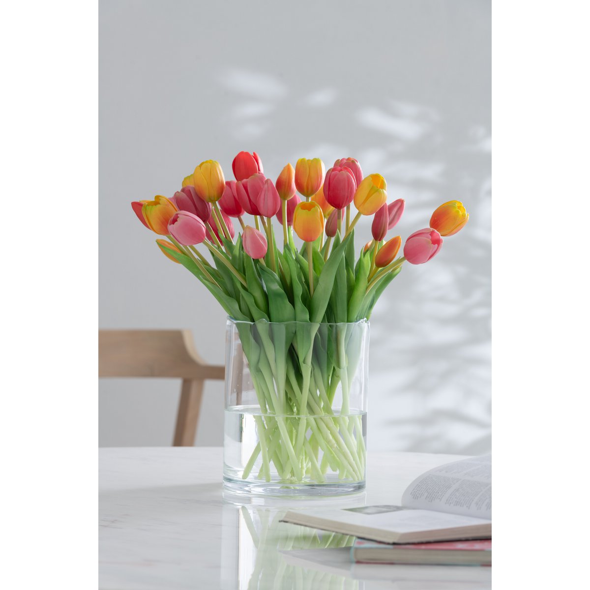 J-Line mix boeket tulpen,  felroze, lichtroze en geel oranje medium, realistische kunstbloemen van PU.