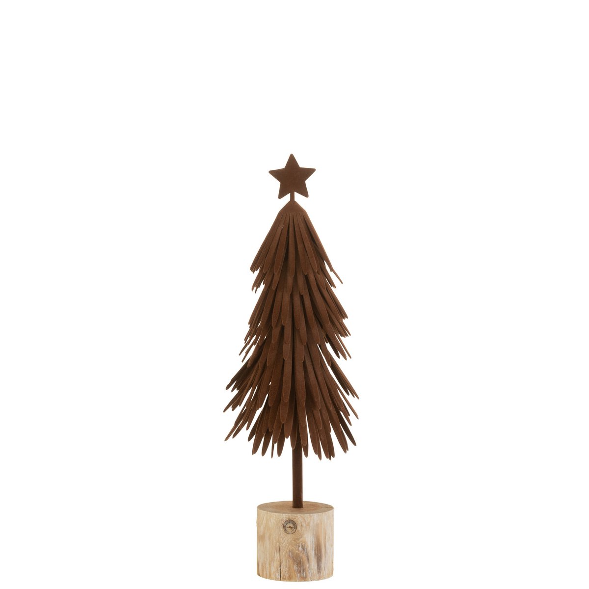 J-Line kerstboom op voet met ster, fluweel/hout bruin, 39 cm, rustieke en sfeervolle kerstdecoratie.