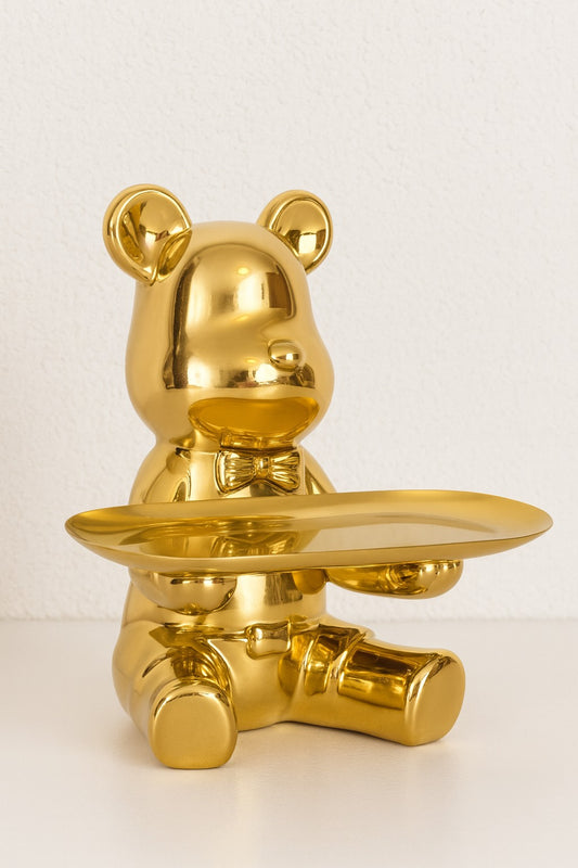 Zittend gouden berenbeeldje met dienblad (19 x 20 cm). Luxe en speels woonaccessoire – ideaal voor sleutels, sieraden of als origineel cadeau.