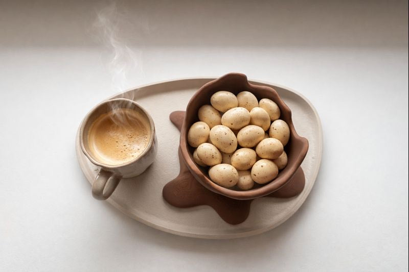 Ovaal dienblad in sandkleur met ruwe afwerking, minimalistisch design op witte achtergrond, verkrijgbaar in maat S en M