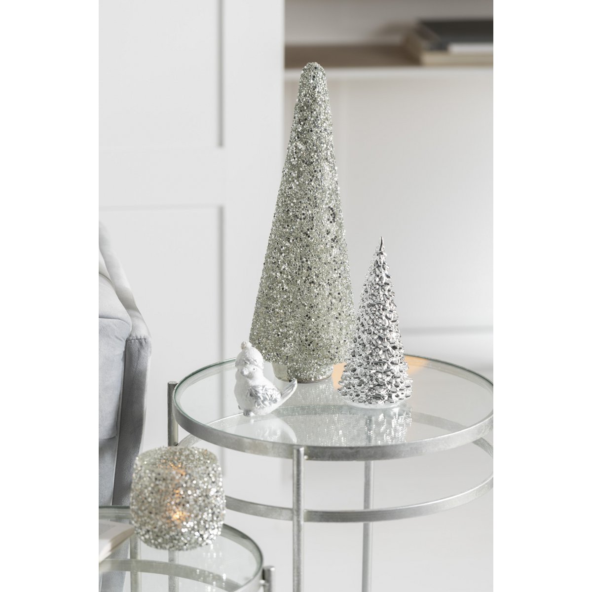 J-Line kerstboom glas zilver met glitter 39 cm, chique en sprankelende kerstdecoratie.