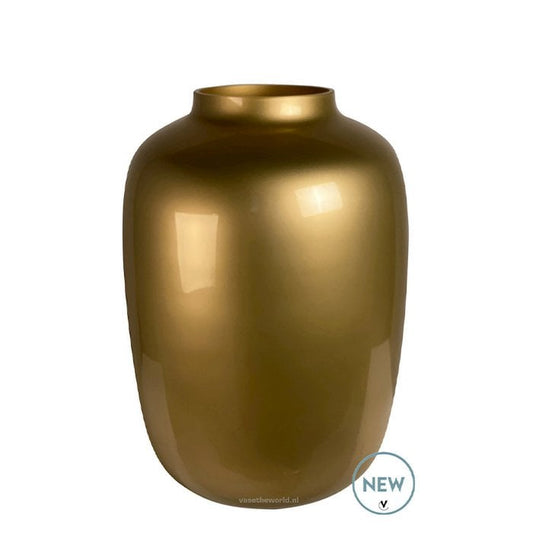 Mondgeblazen gouden vaas van Vase The World, glanzend design voor droogbloemen of als luxe interieurdecoratie, verkrijgbaar in meerdere formaten.

