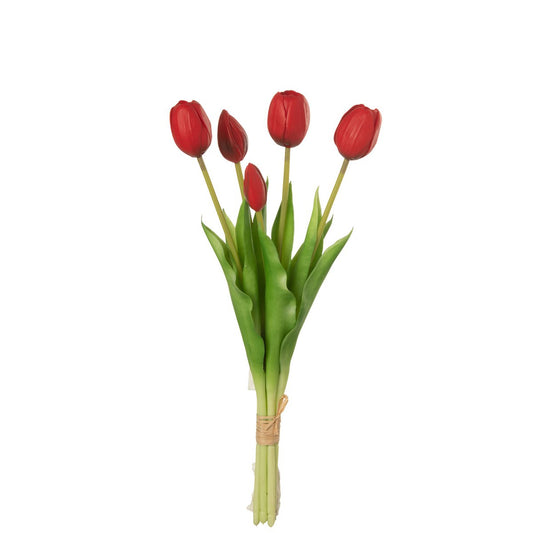 J-Line boeket tulpen, 5 stuks, rood, medium, realistische kunstbloemen van PU.