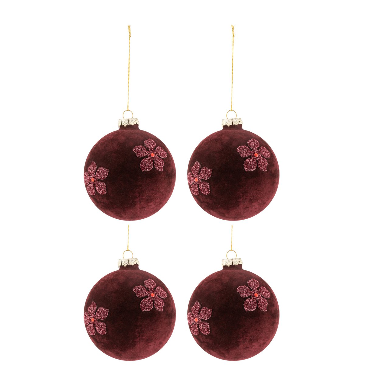 J-Line - Doos Van 4 Kerstballen - Velvet/Glas - Rood - Middelgroot