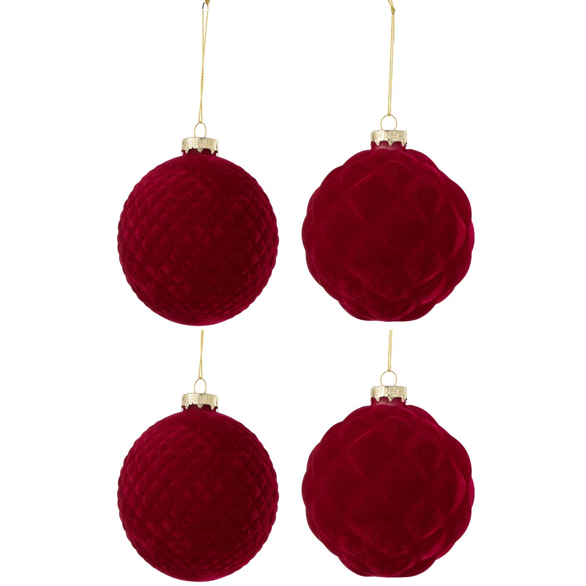 J-Line - Doos Van 4 Kerstballen - Velvet - Rood - Middelgroot