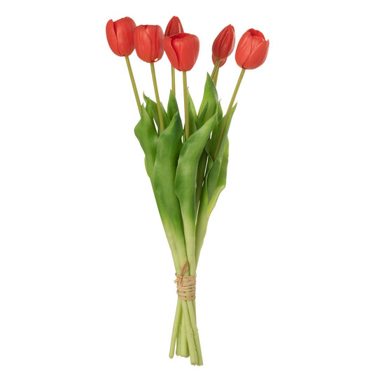 J-Line boeket met 7 grote tulpen in koraalroze, gemaakt van hoogwaardig materiaal, perfect als onderhoudsvrije en stijlvolle decoratie voor het interieur.