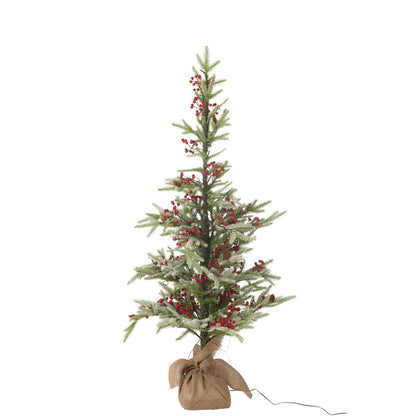 J-Line kerstboom met jute zak, kunststof, groen/rood met LED lichtjes en sneeuw, 130 cm, sfeervolle kerstdecoratie.