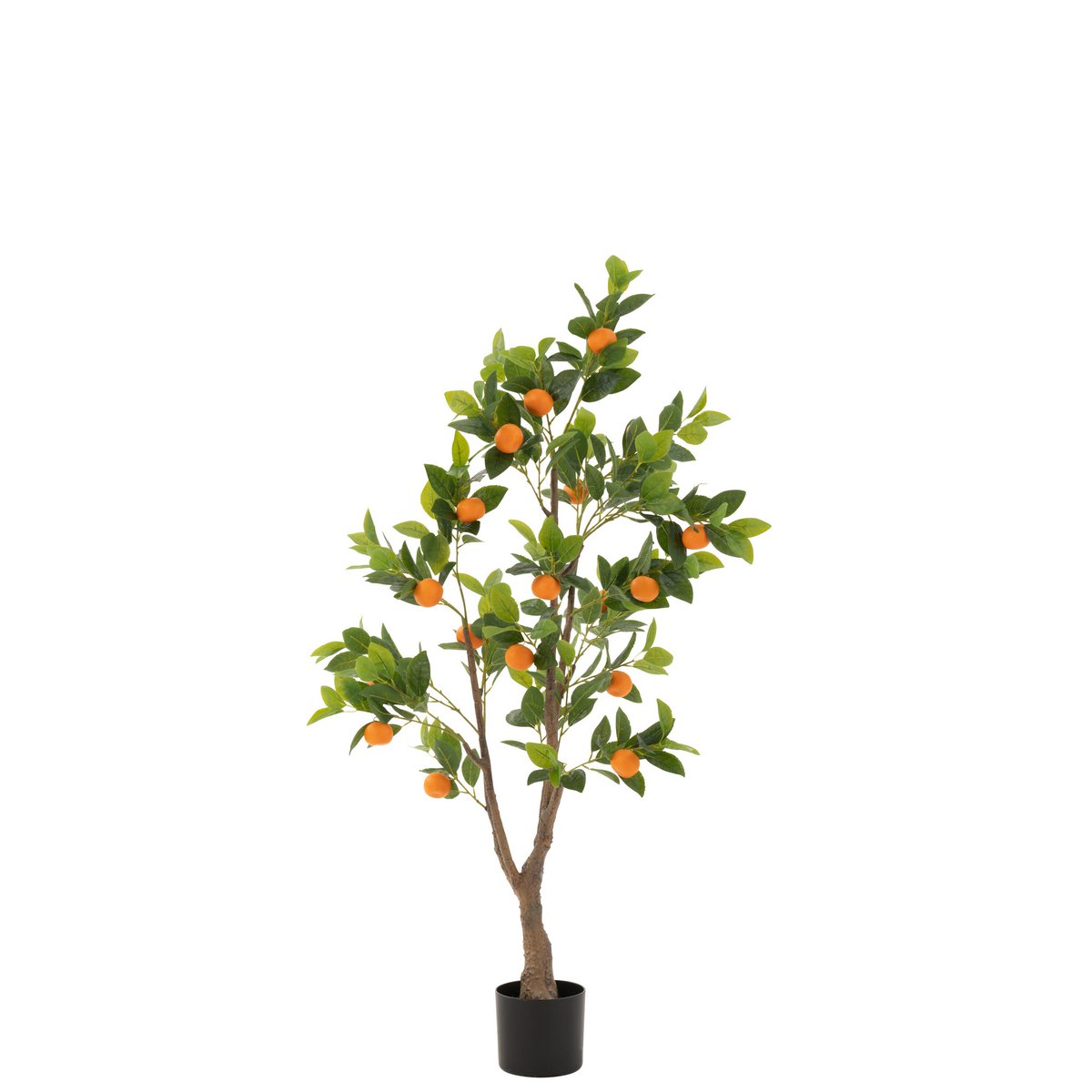 Levensechte kunststof sinaasappelboom van J-Line, 130 cm hoog, met oranje vruchten en groene bladeren in een stijlvolle pot, ideaal als blikvanger in huis of kantoor